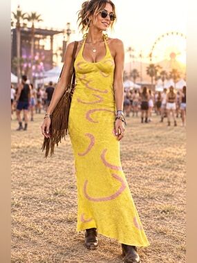 Yellow & Pink Halter Midi Dress - Brand Unspecified